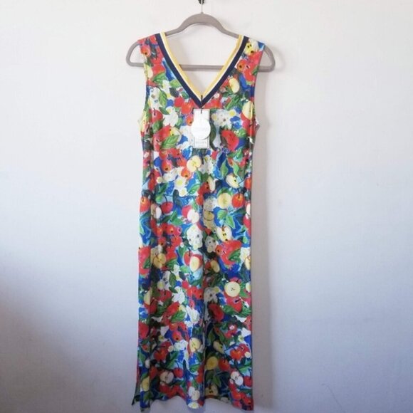 NWT Maloka Dress Size S Apple Daisy Print V Neck Midi Art To Wear - Picture 1 of 6